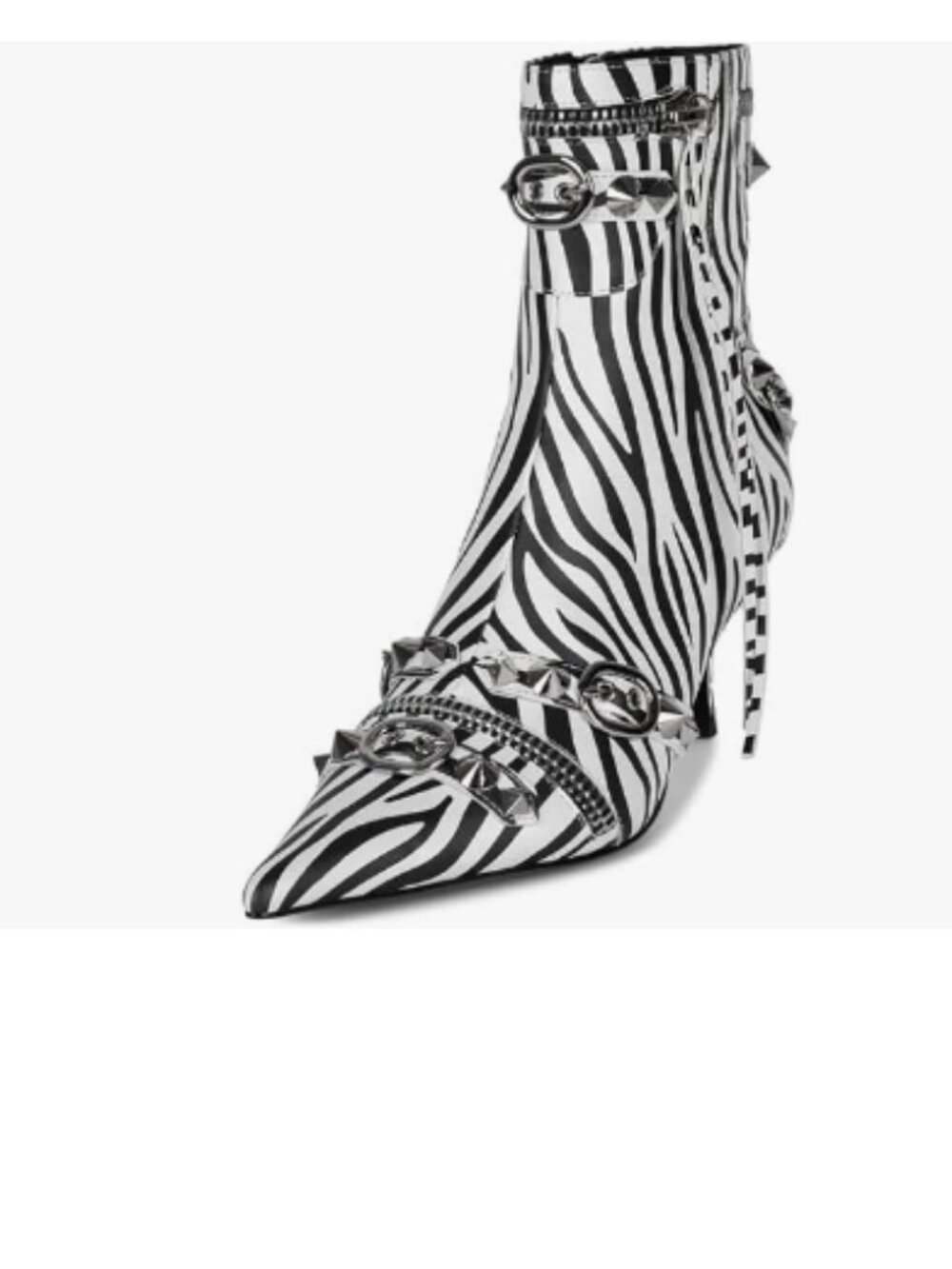 XYD Zebra Ultra Fashion Pointed Toe Mid Heels Zipped Rivets Studded Ankle Boots